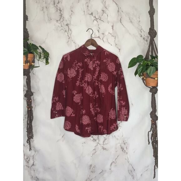 Columbia Shirt Womens XL Red Pink Button Up Front Floral Collared Cotton Tiki - Picture 1 of 7